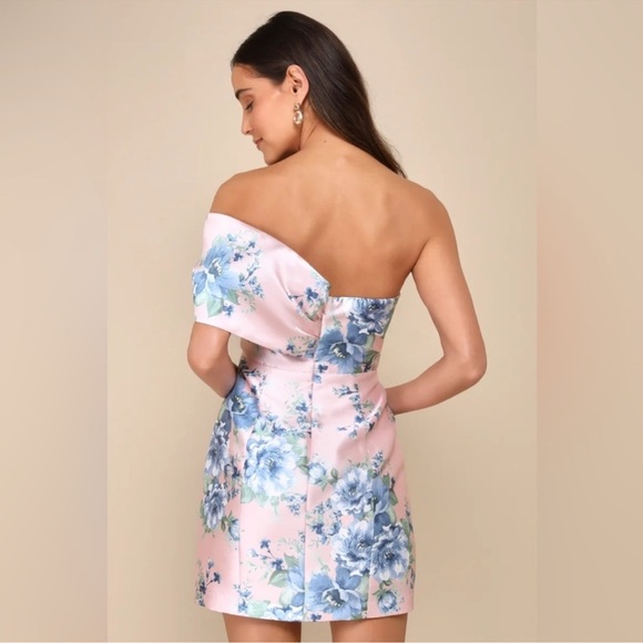 Lulus Soiree Darling Pink Floral Bow Off-the-Shoulder Mini Dress. NWOT - Picture 2 of 6